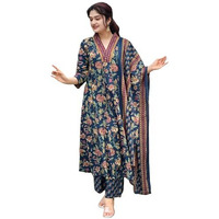 Gosriki Women's Rayon Viscose Anarkali Printed Kurta With Palazzo & Dupatta (Cia Blue-Vks02-Gs_L_Blue_Large)