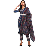 Gosriki Women's Cotton Blend Printed Straight Kurta With Pant & Dupatta (Patni Blue-Jan18-Gs_L_Blue_Large)