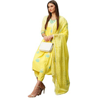 Gosriki Women's Rayon Blend Anarkali Printed Kurta With Pant & Dupatta (Renu-Yellow-Kbv-Gs_M_Yellow_Medium)