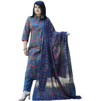 Gosriki Women's Cotton Blend Straight Printed Kurta With Pant & Dupatta (Pedi Blue-Gs_Xl_Blue_X-Large)