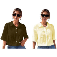 Toplot Shirt For Women || V-Collar Solid Crop For Woman || Half Sleeves For Women || Oversized Shirt For Woman (V-Crop-Shirt-5183-5183-Brown-Yellow-Xl)