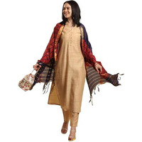 Gosriki Women's Rayon Blend Straight Solid Kurta With Pant & Dupatta (Suchita Beige-Gs_M_Beige_Medium)