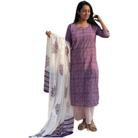Gosriki Women's Cotton Blend Straight Printed Kurta With Pant & Dupatta (Blockbuster Multi-Gs_Xxl_Purple_Xx-Large)