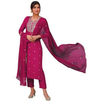 Gosriki Women's Rayon Viscose Embroidered Straight Kurta With Pant & Dupatta (Kasturi Pink-Vks02-Gs_Xxl_Pink_Xx-Large)