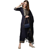 Gosriki Women's Cotton Blend Solid Straight Kurta With Palazzos & With Dupatta (Wukis Blue_S-Gs_Blue_Small)