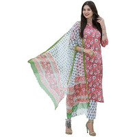 Gosriki Women's Cotton Blend Straight Printed Kurta With Pant & Dupatta (Tanvi Red-Gs_M_Red_Medium)