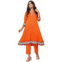 Gosriki Women's Rayon Viscose Anarkali Printed Kurta With Pant (Karidos Orange-Vks09-Gs_L_Orange_Large)