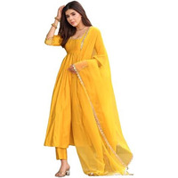 Gosriki Women's Rayon Viscose Anarkali Solid Kurta With Pant & Dupatta (Sitapati Yellow-Vks03-Gs_S_Yellow_Small)