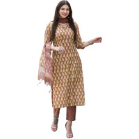 Gosriki Women's Cotton Blend Straight Printed Kurta With Pant & Dupatta (Nasi Peach-Gs_L_Peach_Large)