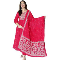 Gosriki Women's Rayon Viscose Embroidered Anarkali Kurta With Pant & Dupatta (Kanota Pink-Vks09-Gs_M_Pink_Medium)