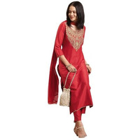 Gosriki Women's Rayon Viscose Straight Embroidered Kurta With Pant & Dupatta (Galpatiyo Red-Vks01-Gs_S_Red_Small)