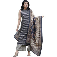 Gosriki Women's Rayon Blend Straight Printed Kurta With Pant & Dupatta (Canasi Blue-Gs_M_Blue_Medium)
