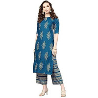 Gosriki Women's Cotton Straight Kurta With Palazzo (Gshk125_Xl_Light Blue_X-Large)