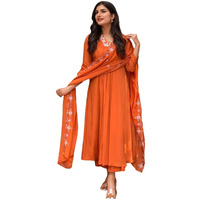 Gosriki Women's Rayon Viscose Anarkali Thread Work Kurta With Pant & Dupatta (Ashvthama Orange-Vks02-Gs_M_Orange_Medium)