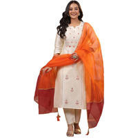 Gosriki Women's Cotton Blend Straight Embroidered Kurta With Pant & Dupatta (Avnnu Cream-Gs_S_Cream_Small)