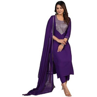 Gosriki Women's Rayon Blend Embroidered Straight Kurta With Pant & Dupatta (Jenny Begani-Gs_Xl_Violet_X-Large)