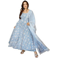 Gosriki Women's Rayon Viscose Printed Anarkali Kurta With Pant & Dupatta (Jamgarh Blue-Gs_Xl_Blue_X-Large)