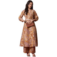 Gosriki Women's Rayon Blend Anarkali Printed Kurta With Palazzo (Marco Yellow-Gs_Xxl_Yellow_Xx-Large)