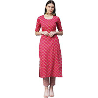 Gosriki Women's Cotton Blend Printed Straight Kurta With Pant (Prnea-Red-Gs_L_Red_Large)