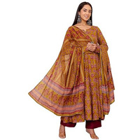 Gosriki Women's Rayon Viscose Anarkali Printed Kurta With Pant & Dupatta (Gandhara Mustard-Gs_L_Mustard_Large)