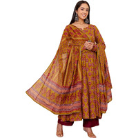 Gosriki Women's Rayon Viscose Anarkali Printed Kurta With Pant & Dupatta (Gandhara Mustard-Gs_Xl_Mustard_X-Large)