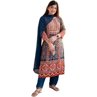 Gosriki Women's Rayon Viscose Printed Straight Kurta With Pant & Dupatta (Ipsita Multi-Gs_L_Multicolor_Large)
