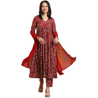 Gosriki Women's Rayon Blend Anarkali Printed Kurta With Pant & Dupatta (Dabu Red-Vks06-Gs_L_Red_Large)