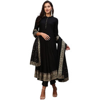 Gosriki Women's Cotton Blend Solid Anarkali Kurta With Pant & Dupatta (Panchali-Black-Nw-Gs_S_Black_Small)