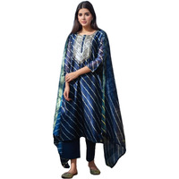 Gosriki Women's Rayon Viscose Straight Leheriya Printed Kurta With Pant & Dupatta (Doremi Navy-Vks05-Gs_3Xl_Navy_Xxx-Large)
