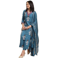 Gosriki Women's Rayon Blend Straight Printed Kurta With Pant & Dupatta (Jimny Blue-Vks02-Gs_5Xl_Blue_Xxxxx-Large)