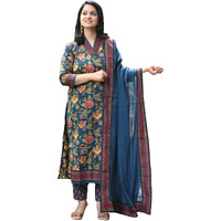 Gosriki Women's Rayon Viscose Printed Straight Kurta With Pant & Dupatta (Vahali Blue-Gs_S_Blue_Small)