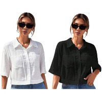 Toplot Shirt For Women || V-Collar Solid Crop For Woman || Half Sleeves For Women || Oversized Shirt For Woman (V-Crop-Shirt-5183-5183-Black-White-Xs)