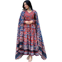 Gosriki Women's Rayon Viscose Printed Anarkali Kurta With Pant & Dupatta (Svr Blue-Gs_S_Blue_Small)