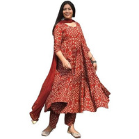 Gosriki Women's Rayon Viscose Anarkali Printed Kurta With Pant & Dupatta (Acacio Red-Gs_L_Red_Large)