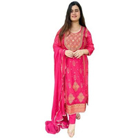Gosriki Women's Rayon Viscose Printed Straight Kurta With Pant & Dupatta (Villag Pink-Gs_S_Pink_Small)