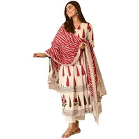 Gosriki Women's Rayon Viscose Anarkali Printed Kurta With Pant & Dupatta (Mrigaya Cream-Gs_L_Cream_Large)