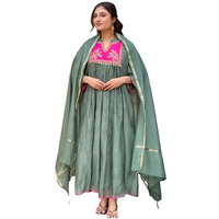 Gosriki Women's Rayon Viscose Embroidered Anarkali Kurta With Pant & Dupatta (Brics Pista-Vks02-Gs_Xxl_Pista_Xx-Large)