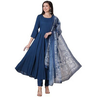 Gosriki Women's Rayon Viscose Solid Anarkali Kurta With Pant & Dupatta (Friday Blue-Vks01-Gs_S_Blue_Small)