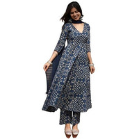Gosriki Women's Rayon Viscose Anarkali Printed Kurta With Pant & Dupatta (Acacio Blue-Gs_S_Blue_Small)