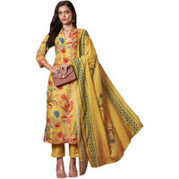 Gosriki Women's Rayon Viscose Printed Straight Kurta With Pant & Dupatta (Pubani Mustard-Vks01-Gs_M_Mustard_Medium)