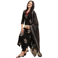 Gosriki Women's Rayon Blend Straight Printed Kurta With Pant & Dupatta (Jimny Black-Vks03-Gs_S_Black_Small)
