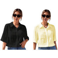 Toplot Shirt For Women || V-Collar Solid Crop For Woman || Half Sleeves For Women || Oversized Shirt For Woman (V-Crop-Shirt-5183-5183-Black-Yellow-Xs)