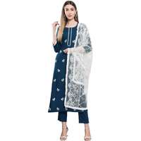 Gosriki Women's Cotton Blend Embroidered Straight Kurta With Pants & Dupatta (Asana-Cersoin_S-Gs_Dark Blue_Small)