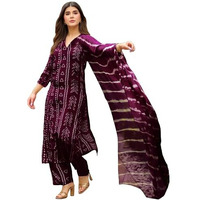 Gosriki Women's Rayon Viscose Straight Bandhej Printed Kurta With Pant & Dupatta (Baghira Wine-Vks03-Gs_S_Wine_Small)
