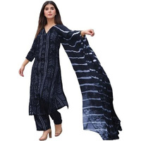 Gosriki Women's Rayon Viscose Straight Bandhej Printed Kurta With Pant & Dupatta (Baghira Grey-Vks02-Gs_L_Grey_Large)