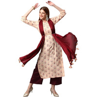 Gosriki Women's Cotton Blend Floral Printed Straight Kurta With Pant & With Dupatta (Amd 28-Cream_M-Gs_Cream_Medium)