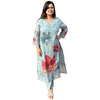 Gosriki Women's Rayon Viscose Printed Straight Kurta With Pant (Susan Sky-Vks03-Gs_M_Sky Blue_Medium)