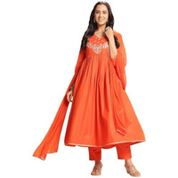 Gosriki Women's Rayon Blend Embroidered Anarkali Kurta With Pant & Dupatta (Sharvali Orange-Gs_L_Orange_Large)