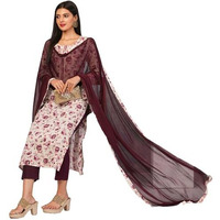 Gosriki Women's Cotton Blend Printed Straight Kurta With Pant & Dupatta (Gta Wine-Gs_Xxl_Wine_Xx-Large)