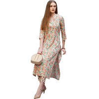 Gosriki Women's Rayon Blend Straight Printed Kurta With Pant (Wide Cream-Nw-Gs_M_Cream_Medium)